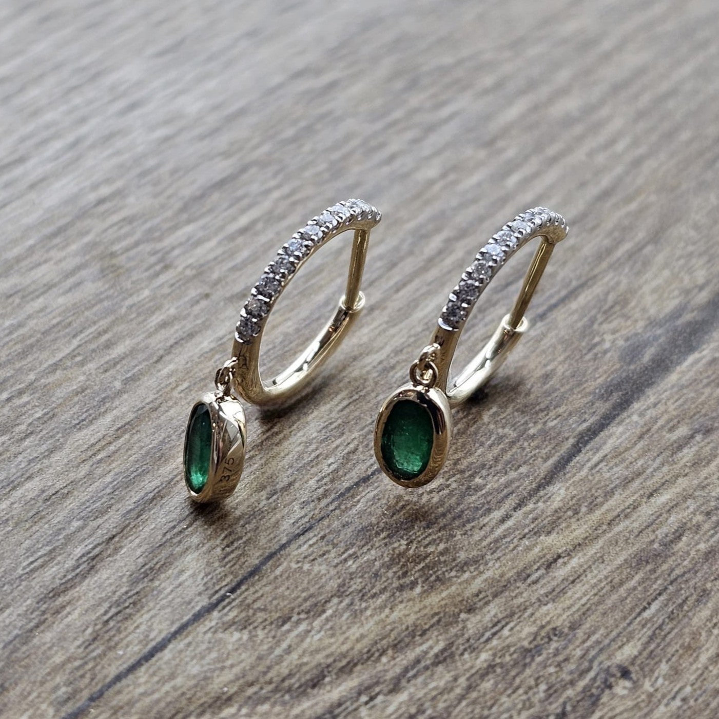 Diamond and Oval Emerald Drop Huggie Hoop Earrings