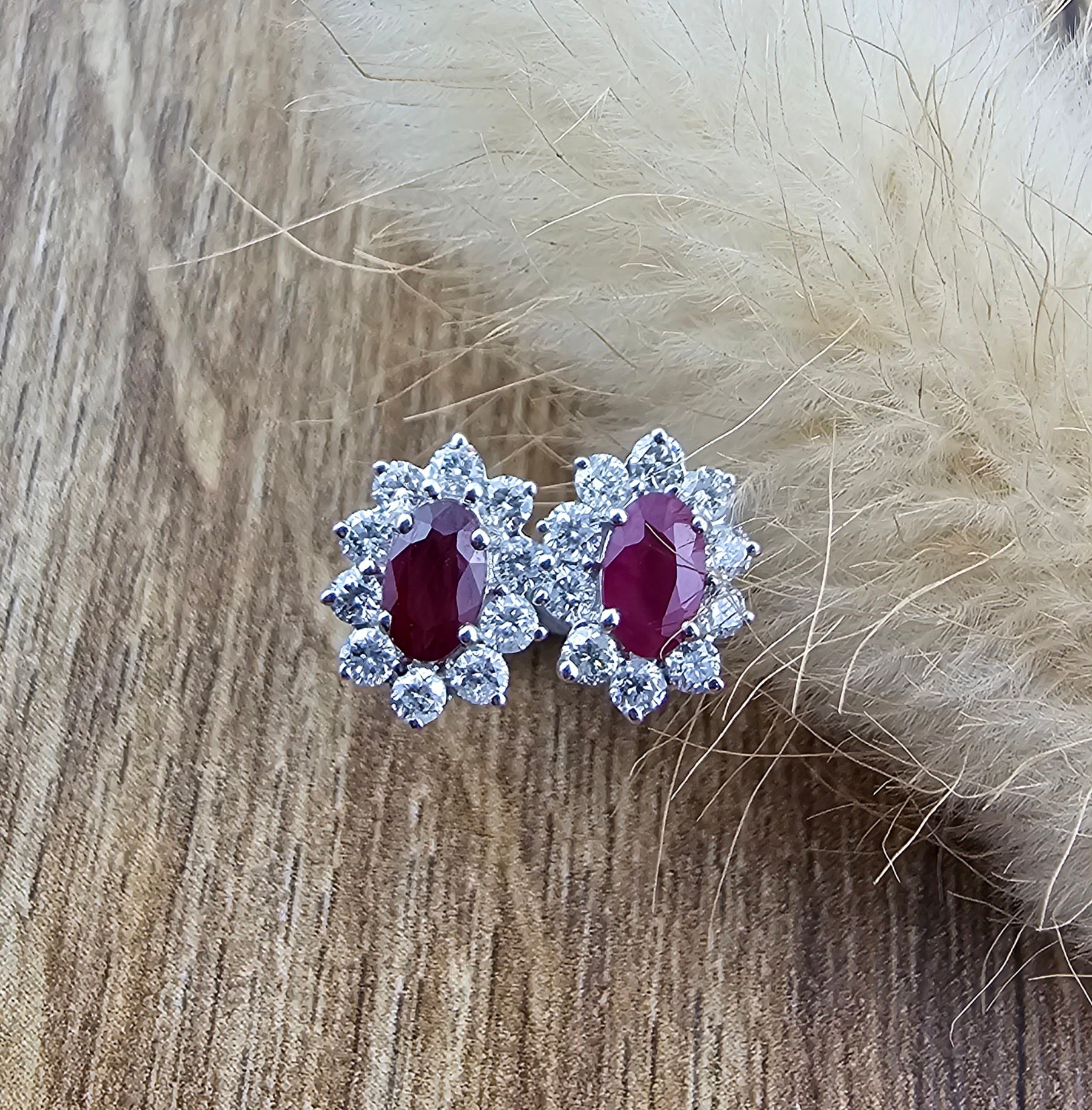 Oval ruby and diamond cluster earrings