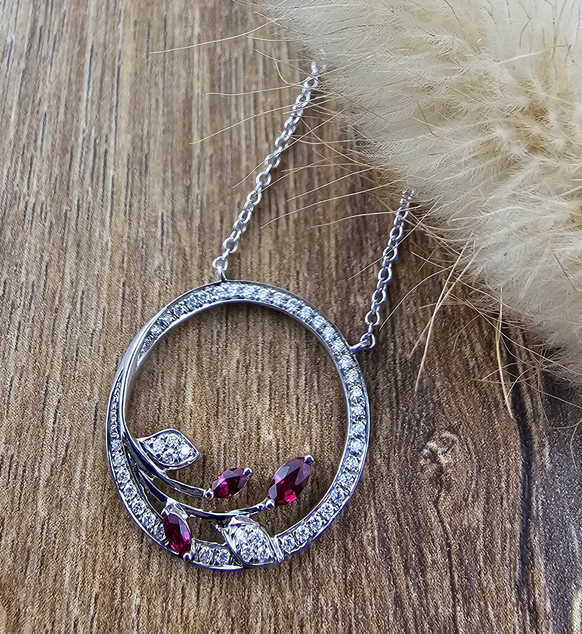 Leaf circle ruby and diamond pendant