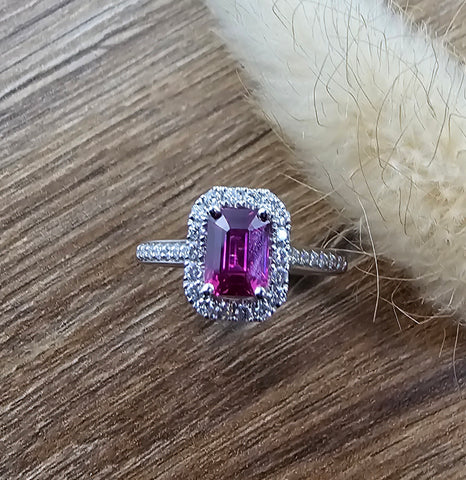 Octagonal pink sapphire halo ring