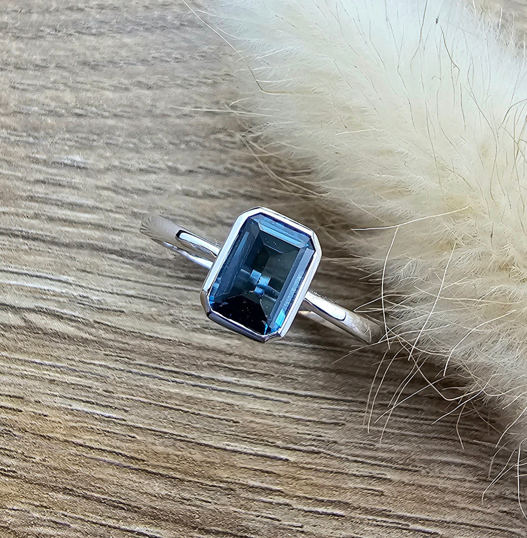 Octagonal London blue topaz ring