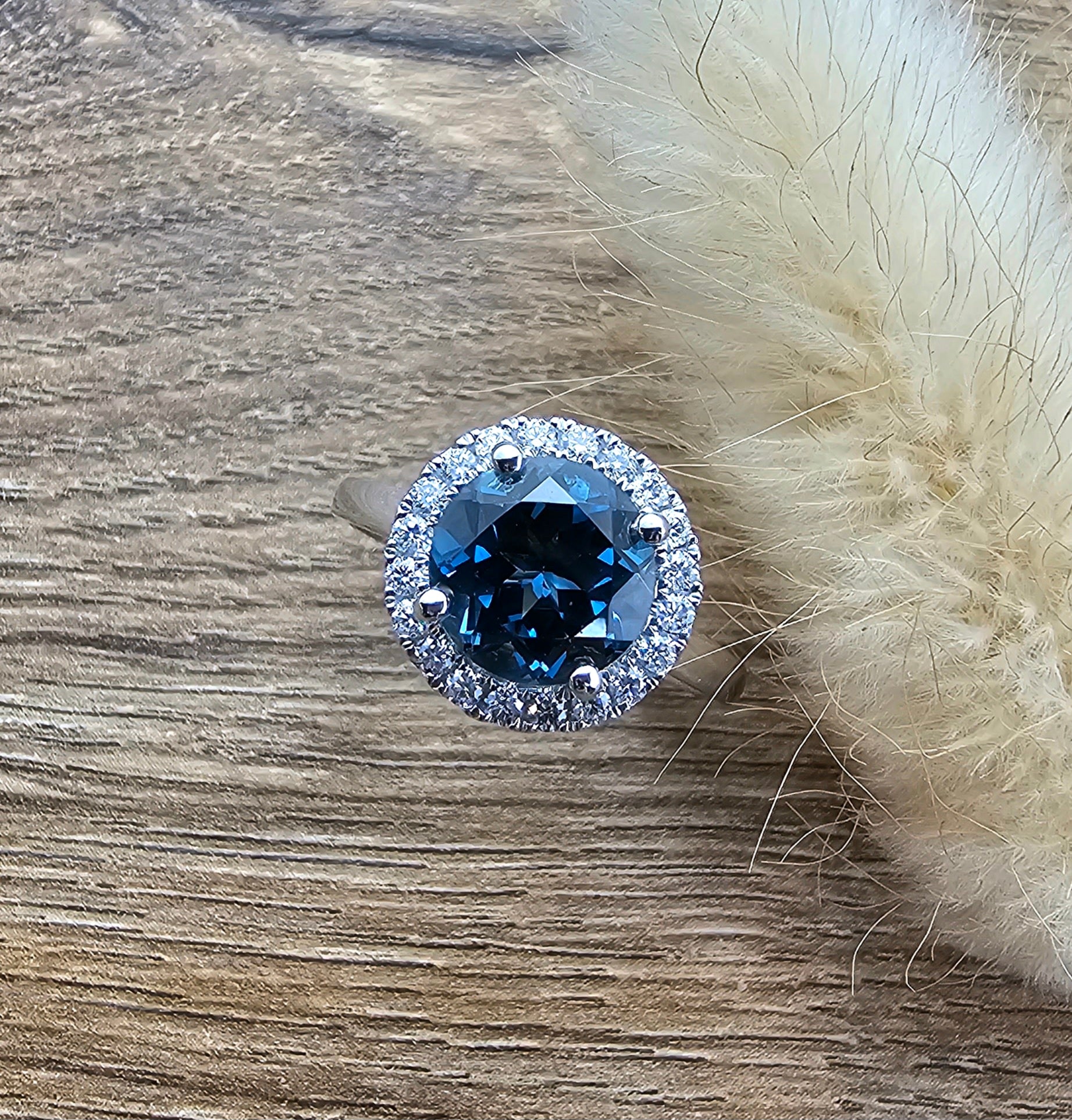 London blue topaz round halo ring