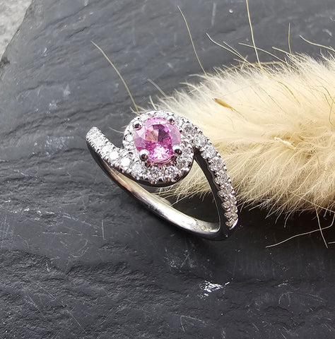 Pink sapphire diamond set twist ring