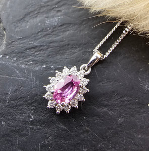 Pink sapphire traditional cluster pendant