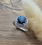 London blue topaz round halo ring