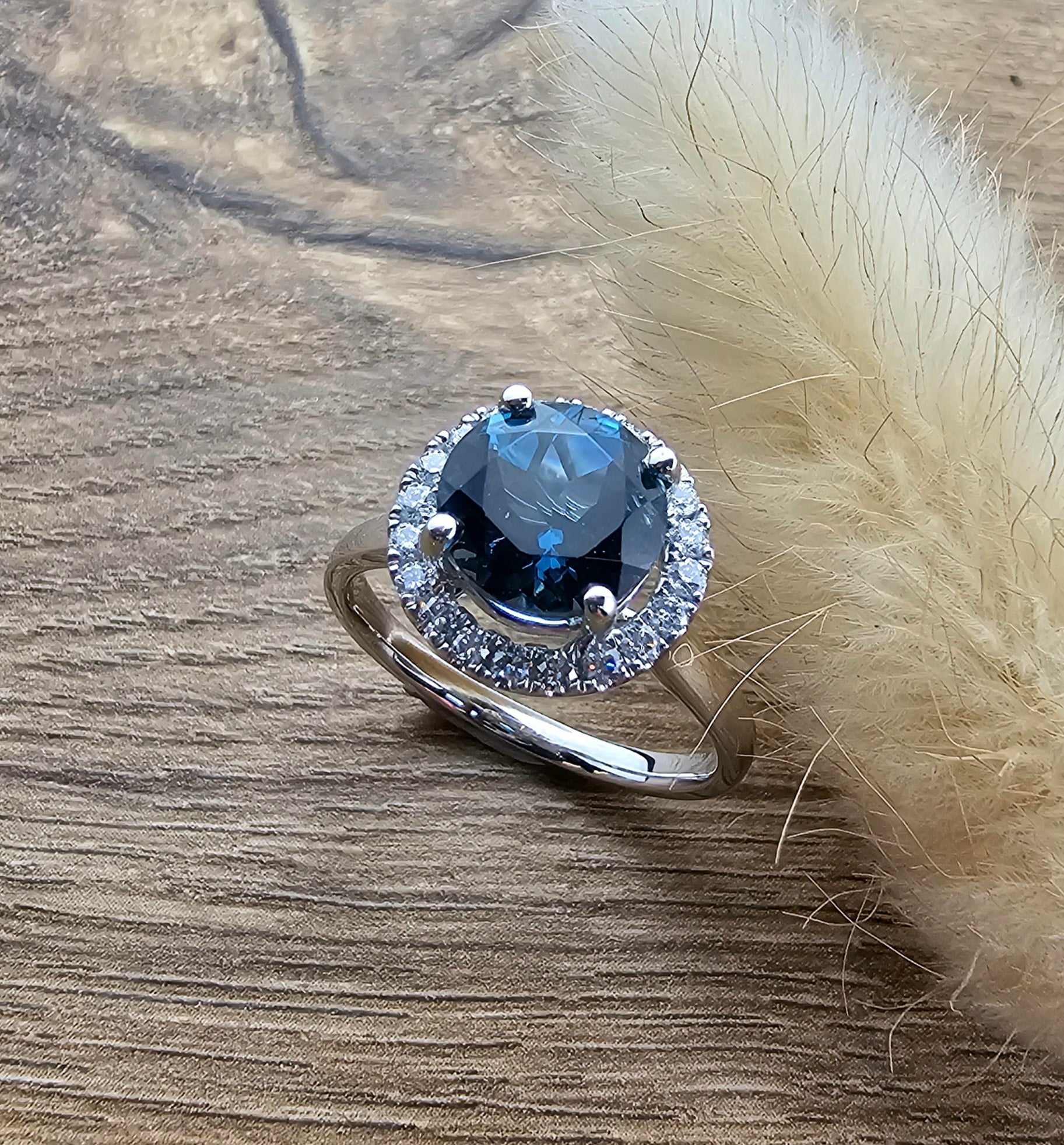 London blue topaz round halo ring