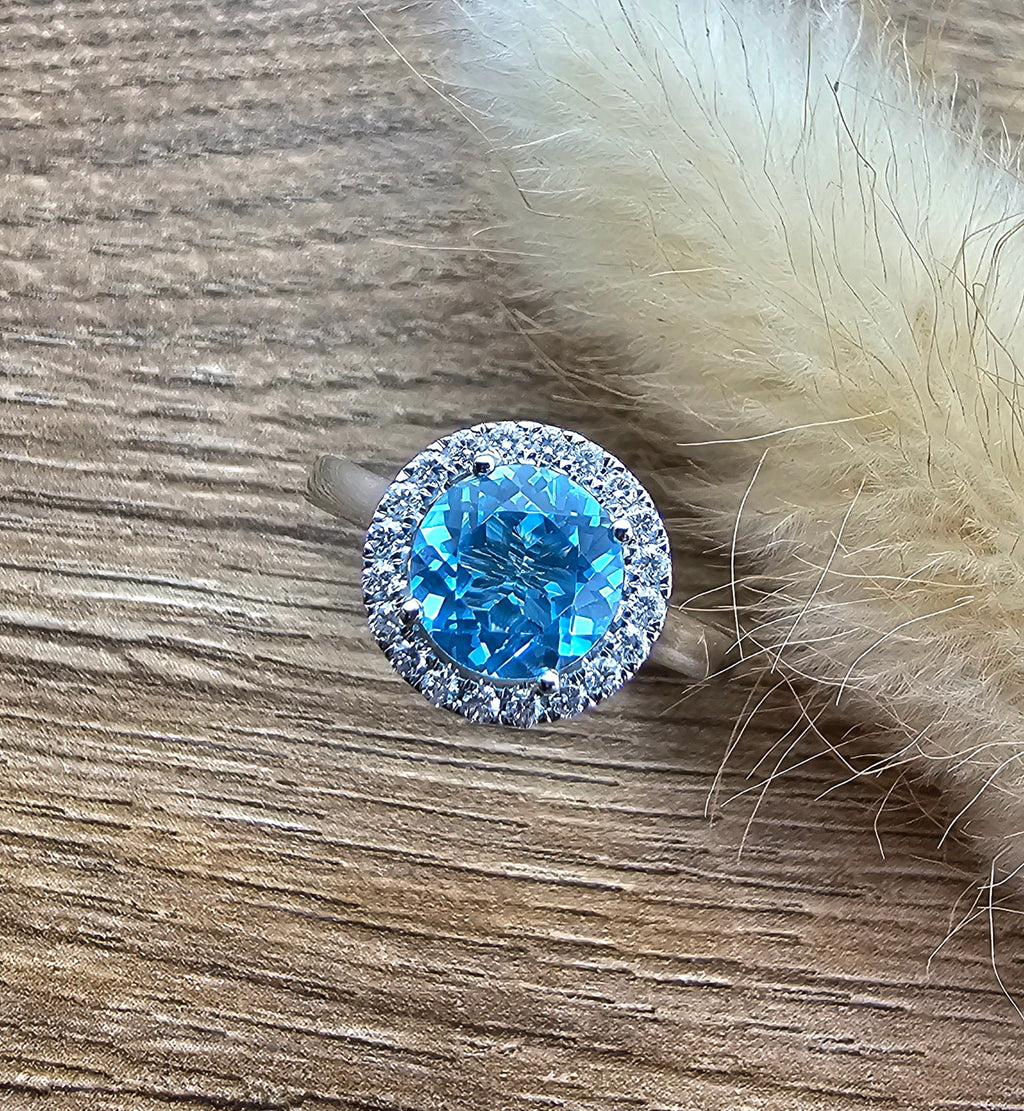 Swiss blue topaz round halo ring