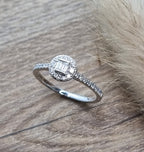 Baguette and round diamond halo ring