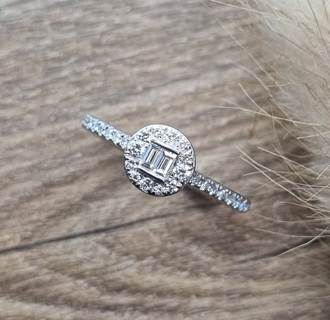 Baguette and round diamond halo ring