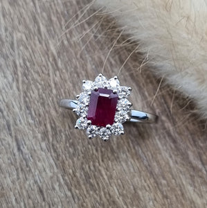 Emerald cut ruby and diamond cluster ring