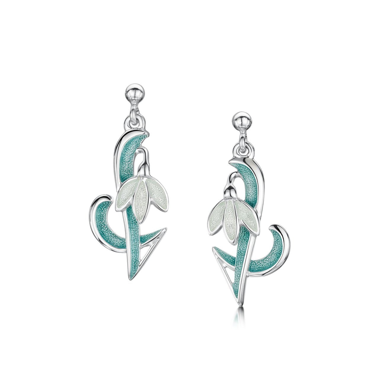 Snowdrop Sterling Silver Drop Earrings in Leaf Enamel