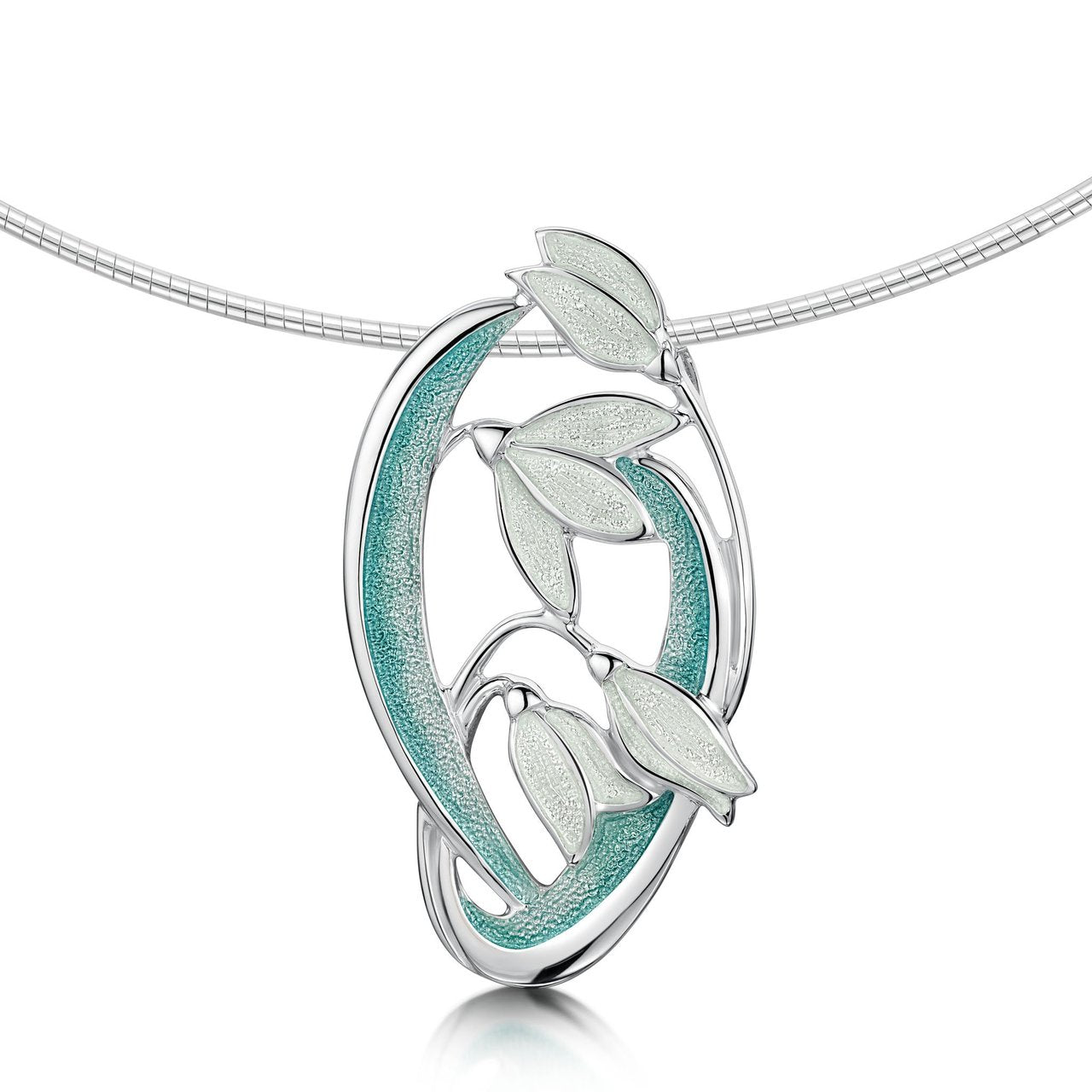 Snowdrop 4-flower Sterling Silver Necklace in Leaf Enamel