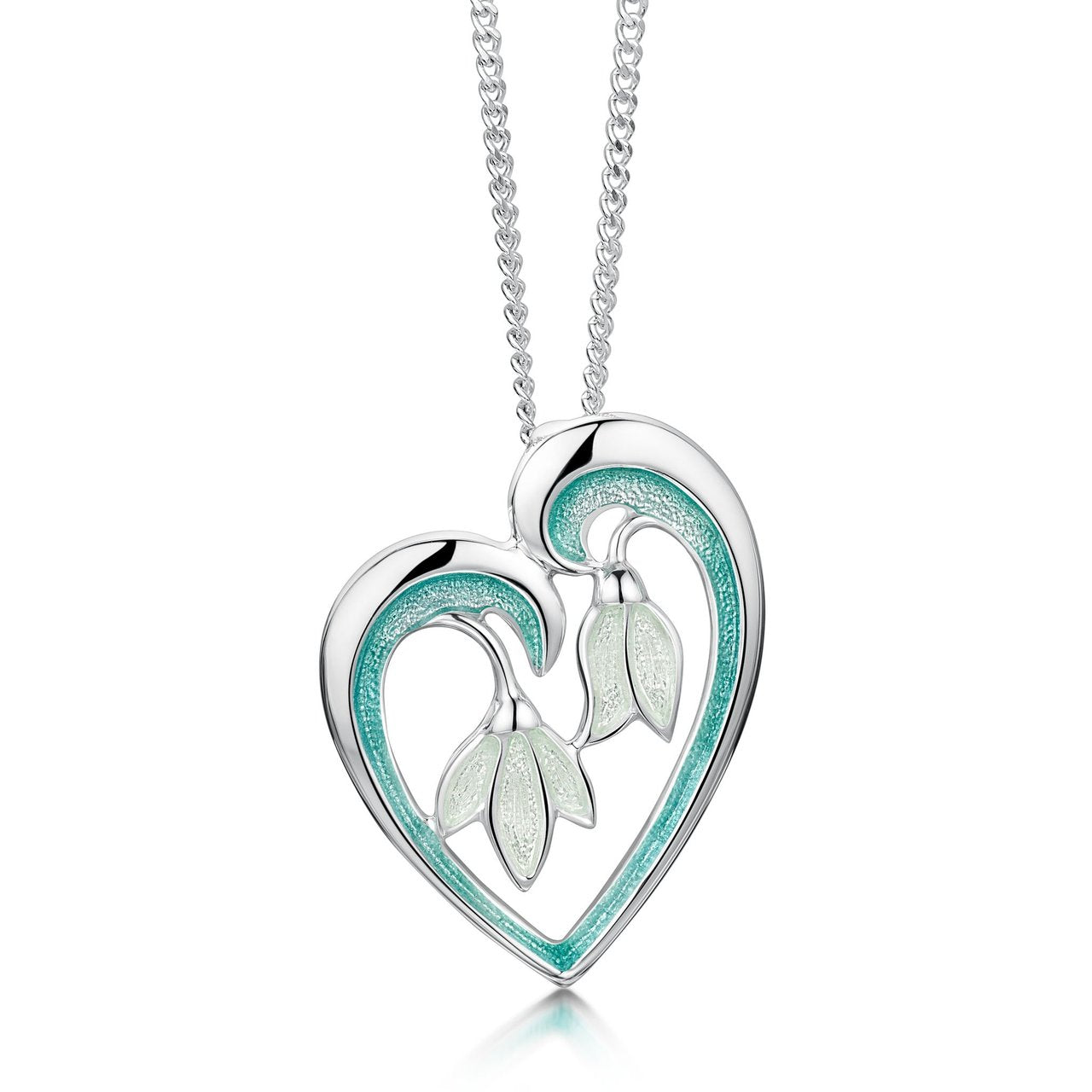 Snowdrop Sterling Silver Heart Pendant in Leaf Enamel