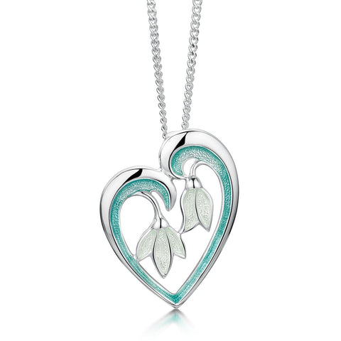 Snowdrop Sterling Silver Heart Pendant in Leaf Enamel