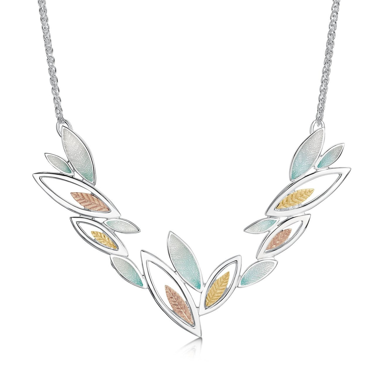 Seasons Gold Leaves Dress Necklace in Winter Enamel