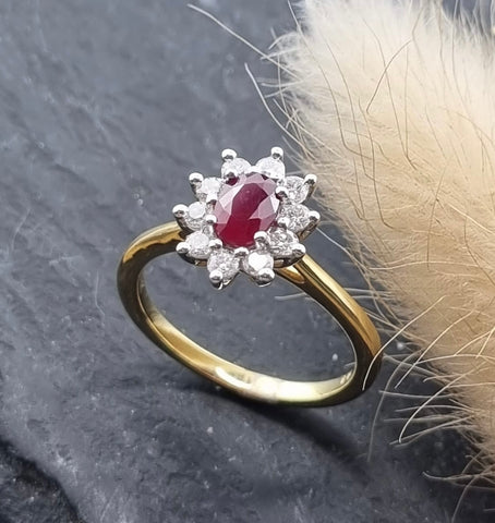 Pointed ruby and diamond cluster ring