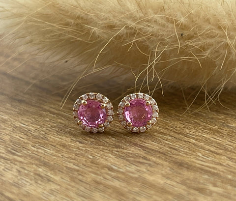 Round pink sapphire halo stud earrings