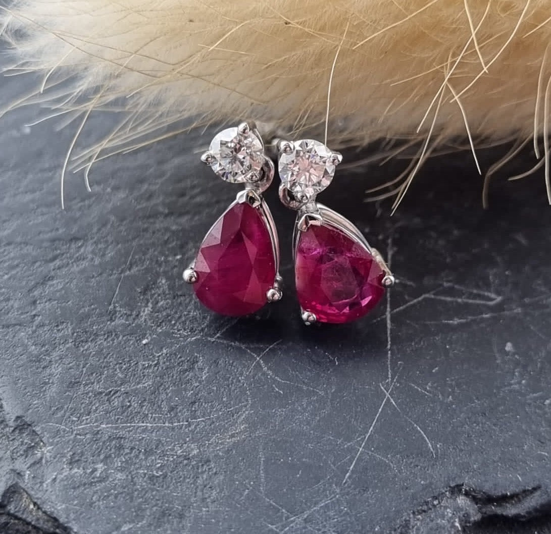 Pear cut ruby and diamond drop earrings