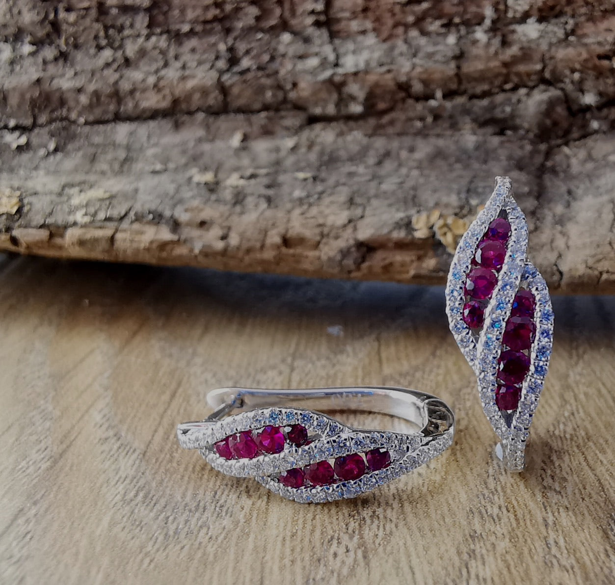 Ruby and diamond wave hoop earrings