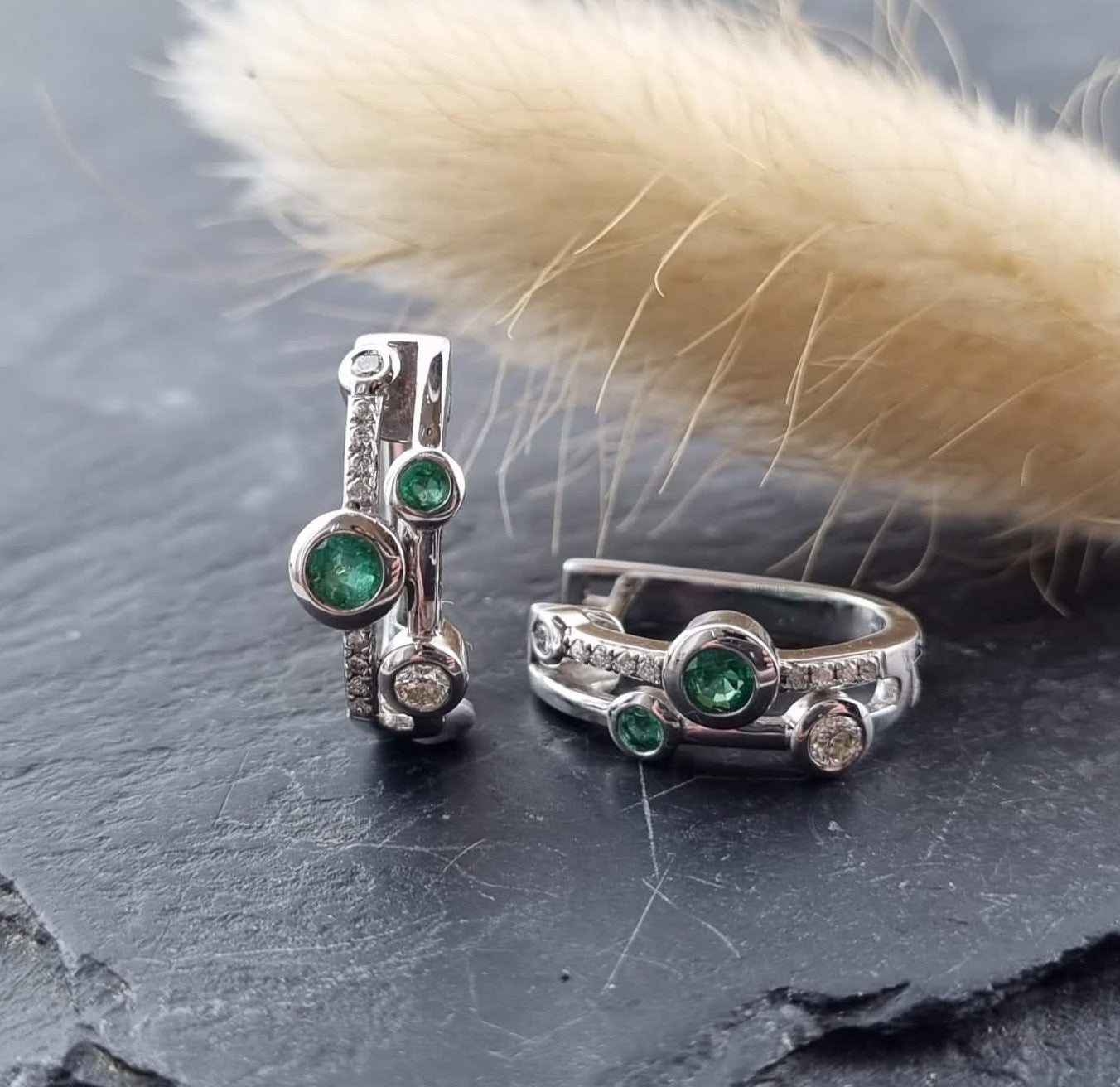 Emerald and diamond bubble hoops