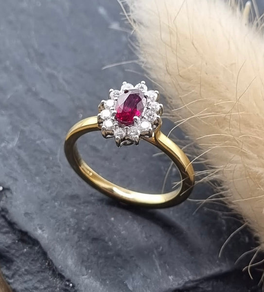 Ruby and diamond traditional cluster ring