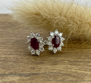 Oval ruby and diamond cluster stud earrings