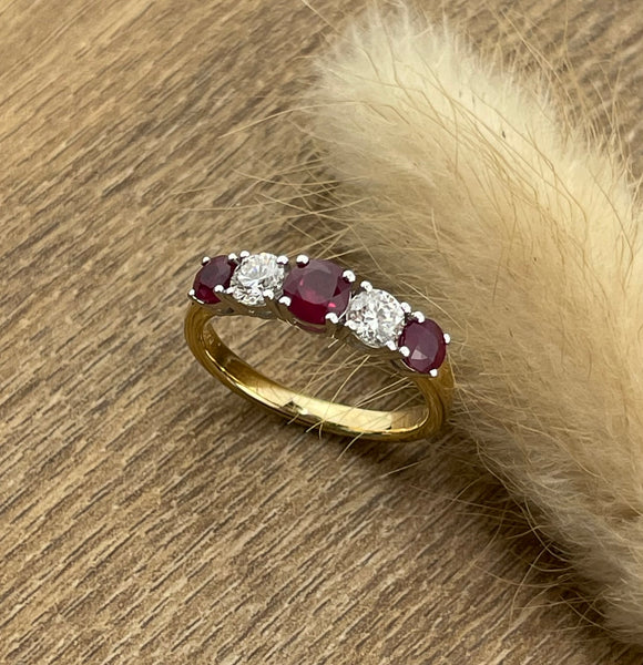 Ruby and diamond five stone ring