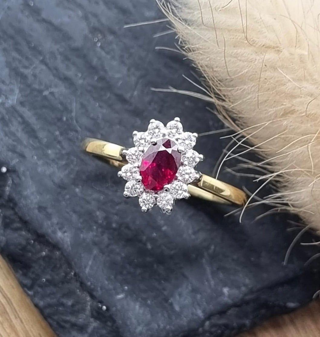 Ruby and diamond traditional cluster ring