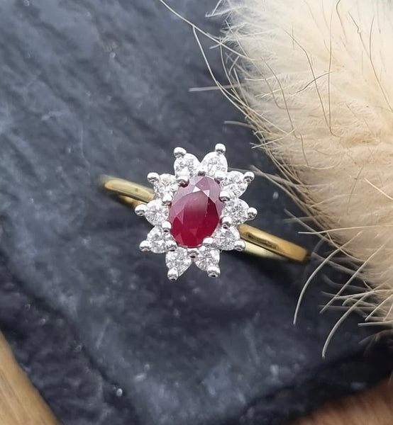 Pointed ruby and diamond cluster ring