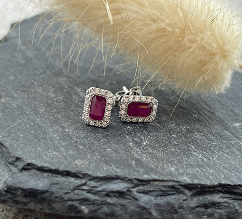 Ruby and diamond halo stud earrings