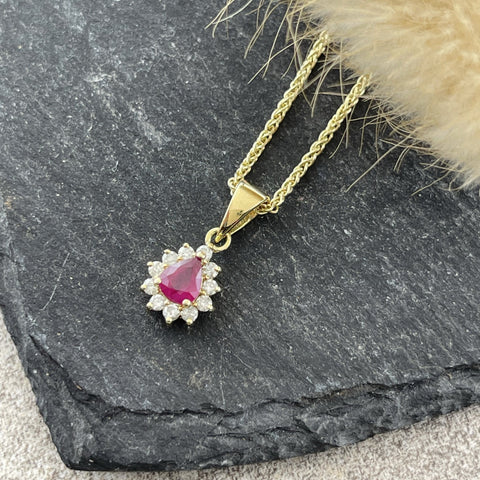 Pear shaped ruby and diamond cluster pendant
