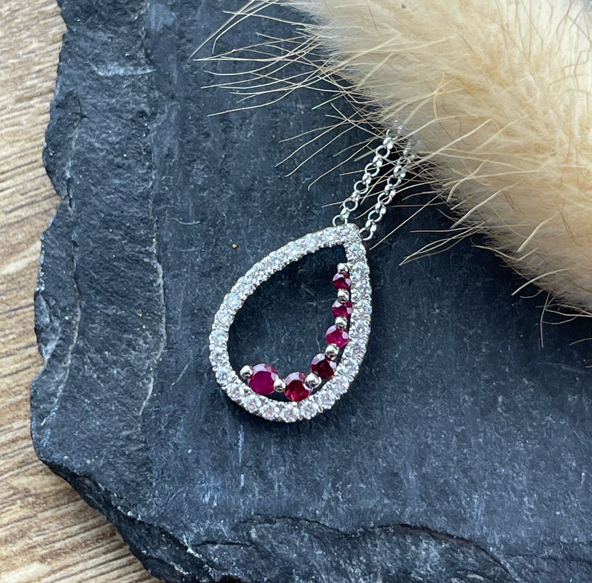 Ruby and diamond tear drop pendant